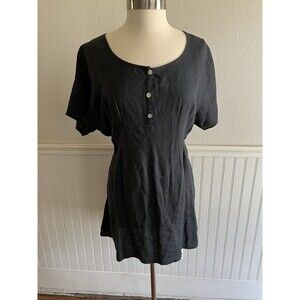 Women's 100% Linen Short Sleeve Shirt Dress Henley Casual Minimalist Black XL